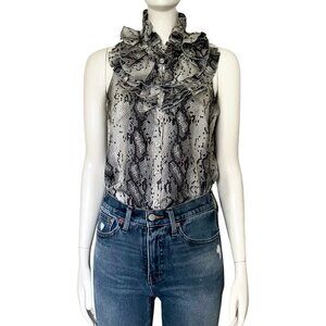 Vintage Y2K 100% Silk Grey Snake Print Ruffle Sleeveless Blouse XS 0 Whimsigoth